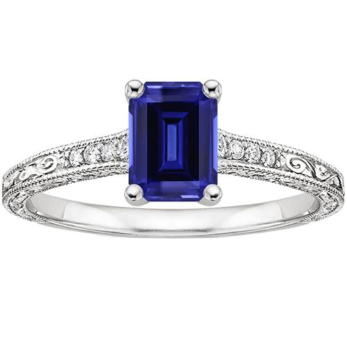 Blauer Saphir-Solitärring mit Diamanten Milgrain-Schaft 3,50 Karat