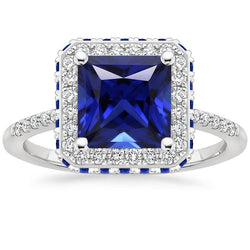 Blauer Saphir und Diamant Halo Ring 5.5 Karat Prinzessin mit Akzent