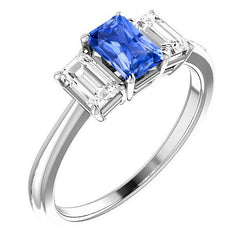 Blauer Saphir-Verlobungsring 3 Steine 2 Karat Diamanten im Smaragdschliff