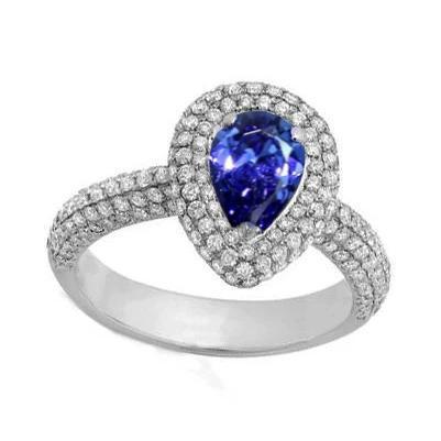 Blue Sapphire Center Birne Runder Diamantring 2,30 Karat Weißgold 18K