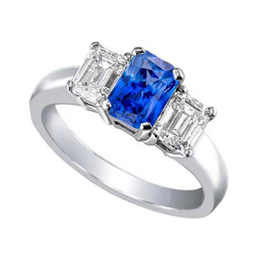 Ceylon Saphir 3 Stein Ring Strahlend & Smaragd Diamanten 2,50 Karat - harrychadent.ch