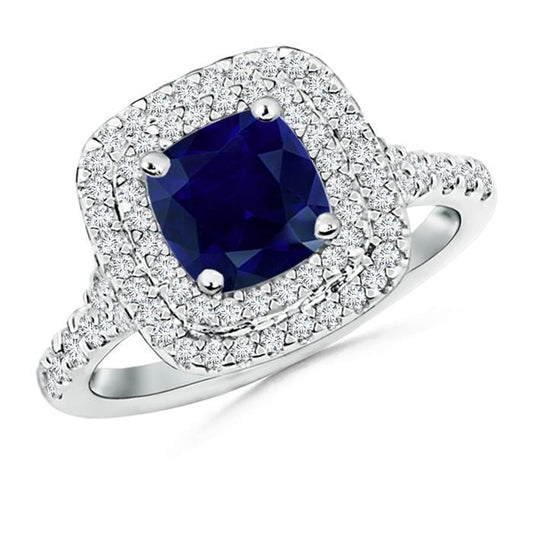 Ceylon Saphir Doppel Halo Diamantring 4 Karat Weißgold 14K