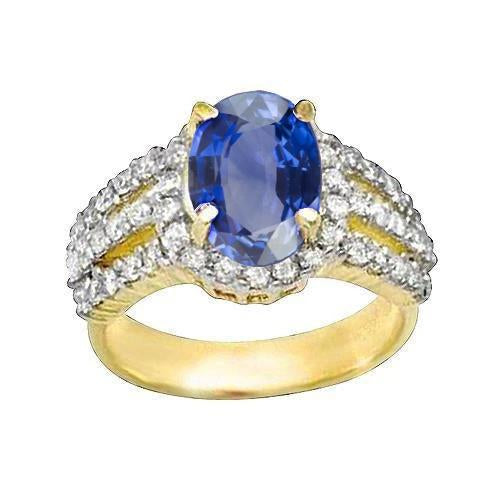 Ceylon Saphir Ovaler und runder Diamanten Ring Gold 14K 3.50 Karat