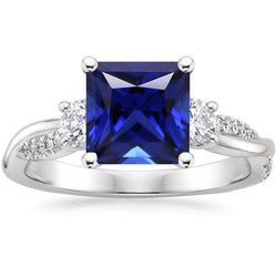 Ceylon-Saphir-Ring im Princess-Schliff mit 3 Steinen und Diamanten 6 Karat