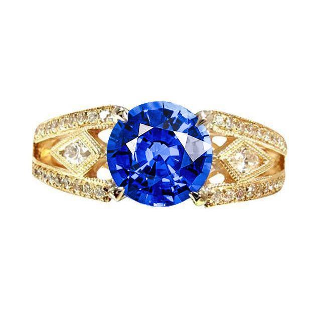 Ceylon Saphir Runde Diamanten 3.75 Ct Ring Antik-Stil