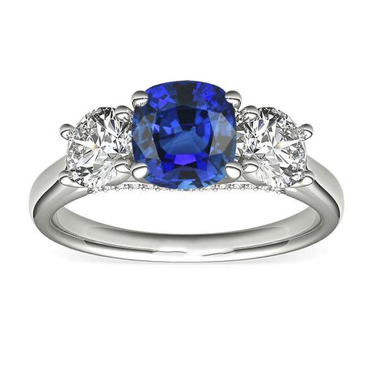 Damen 3 Steine Ringkissen Blauer Saphir & Runde Diamanten 2.50 Karat - harrychadent.ch