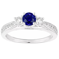 Damen 3 Steine Stil Diamantring Rund Blauer Saphir Gold 5 Karat