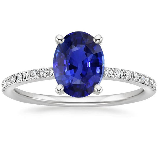 Damen Blauer Saphir Ring Oval Schliff Mit Pave Set Diamanten 4,50 Karat