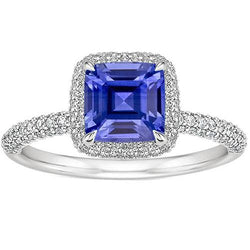 Damen Gold Diamant Asscher Schliff Blauer Saphir Pave Ring 3.45 Karat 14K