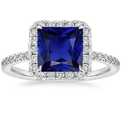Damen Halo Diamantring Princess Blue Sapphire Center 6.50 Karat Gold