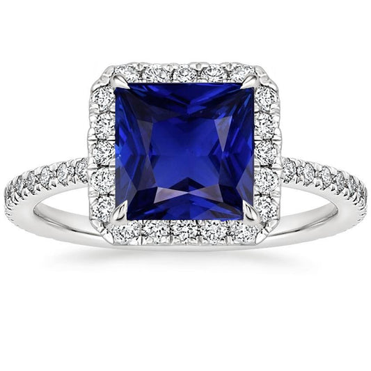 Damen Halo Diamantring Princess Blue Sapphire Center 6.50 Karat Gold - harrychadent.ch