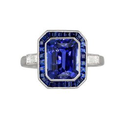 Damen Halo Edelstein Blauer Saphir Ring 3,50 Karat Baguette Diamanten