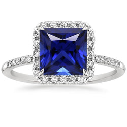 Damen Halo Ring Princess Blue Sapphire Mit Pave Diamants 5.50 Karat