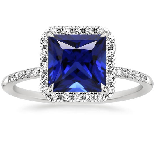 Damen Halo Ring Princess Blue Sapphire Mit Pave Diamants 5.50 Karat - harrychadent.ch