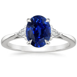 Damen Ring mit 3 Steinen Oval Blauer Saphir & Trillion Schliff Diamant 3 Karat