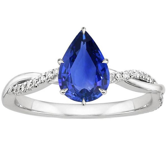 Damen Verlobungsring Diamant & Birne Blauer Saphir Weißgold 5 Karat - harrychadent.ch