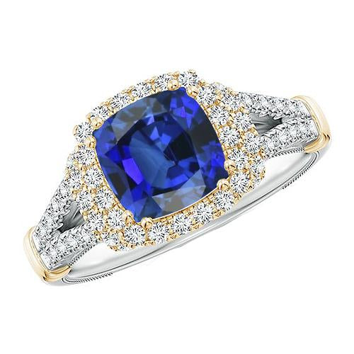 Damen Zweifarbiger Diamant Ring Kissen Blauer Saphir Gold 14K 3,25 Karat - harrychadent.ch