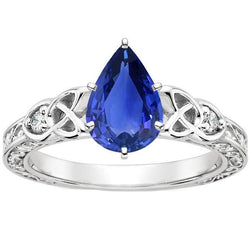 Diamant 3 Steine Ring Birne Ceylon Saphir Vintage-Stil 4,25 Karat