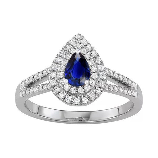 Diamant Doppel Halo Birne Blauer Saphir Ring Split Shank 3 Karat - harrychadent.ch