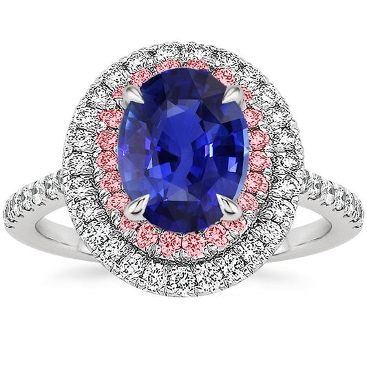 Diamant Doppel Halo Oval Blau & Rosa Saphir Ring 5 Karat Krappenset - harrychadent.ch