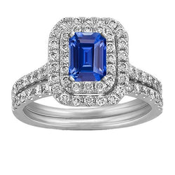 Diamant Doppel Halo Smaragdblauer Saphir Ehering Set 5 Karat