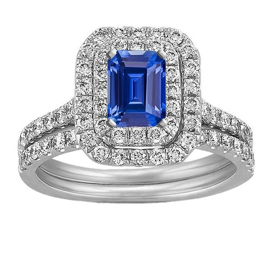 Diamant Doppel Halo Smaragdblauer Saphir Ehering Set 5 Karat - harrychadent.ch