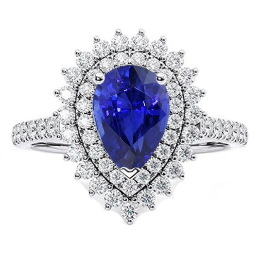 Diamant Double Halo Ring Flower Style Birne Blauer Saphir 5.50 Karat - harrychadent.ch