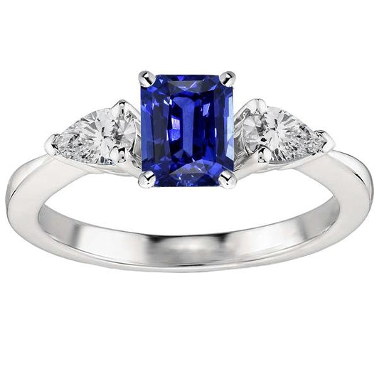 Diamant-Drei-Steine-Ring in Radiant Shaped Deep Blue Saphir 2,50 Karat - harrychadent.ch