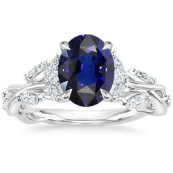 Diamant-Edelstein-Ring Blatt-Stil Ovalschliff Blauer Saphir 5 Karat