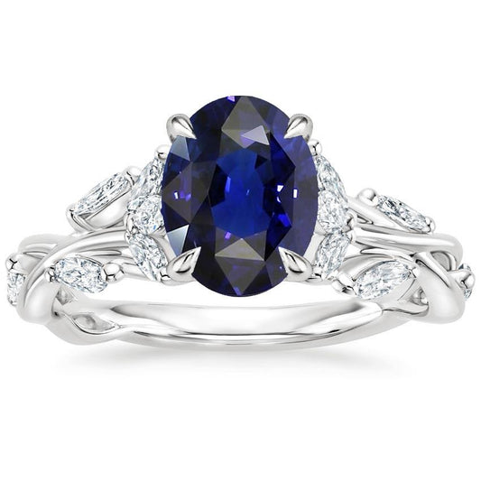 Diamant-Edelstein-Ring Blatt-Stil Ovalschliff Blauer Saphir 5 Karat - harrychadent.ch