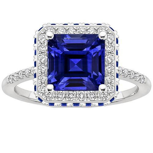 Diamant-Edelstein-Ring Halo Princess Blue Sapphire Gold 14K 4,50 Karat - harrychadent.ch