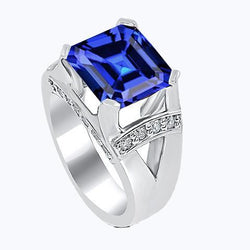 Diamant Ehering Asscher Blue Sapphire Gold V Split Shank 3 Karat