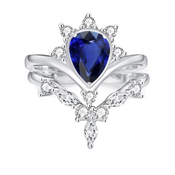 Diamant Ehering Set Birne Ceylon Saphir 3 Karat Kronenstil - harrychadent.ch