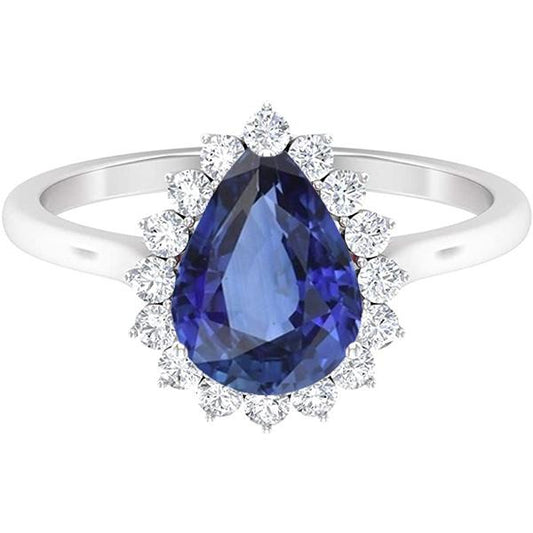 Diamant Halo Anniversary Birnenförmiger blauer Saphirring 4,50 Karat - harrychadent.ch