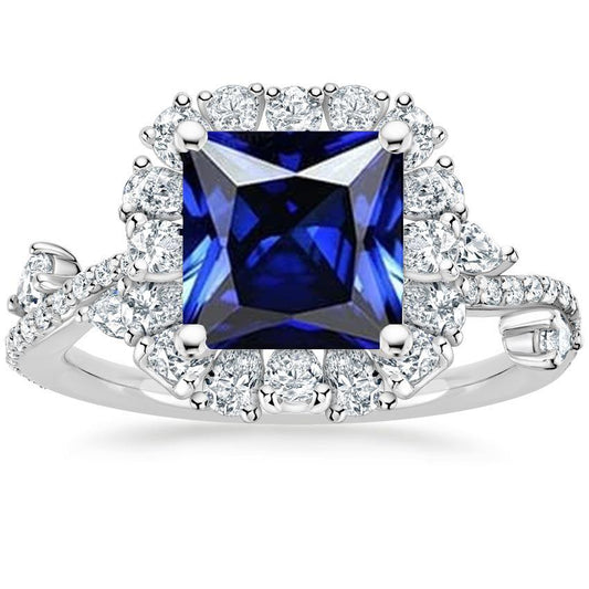 Diamant Halo Blue Saphir Ring Princess Cut mit Akzenten 7,50 Karat - harrychadent.ch