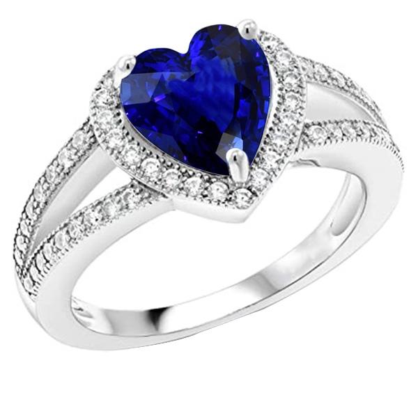 Diamant-Halo-Herzförmiger blauer Saphir-Ring mit geteiltem Schaft 4 Karat - harrychadent.ch