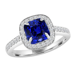 Diamant Halo Kissen Ceylon Saphir Ring Pave Set 3,50 Karat Gold