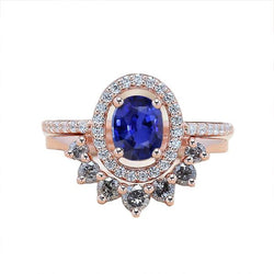Diamant Halo Oval Verlobungsring Set Blauer Saphir 3,50 Karat Gold