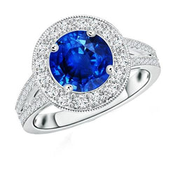 Diamant Halo Ring Antik Stil Krappen Rund Blauer Saphir 2.50 Karat