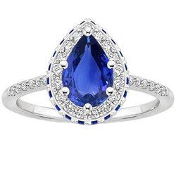 Diamant Halo Ring Birne & runde blaue Saphire mit Akzenten 5,25 Karat