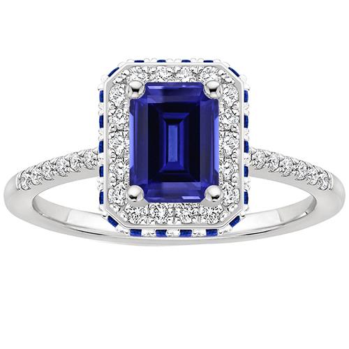 Diamant-Halo-Ring mit blauen Saphiren an der Seite Smaragd 4,25 Karat