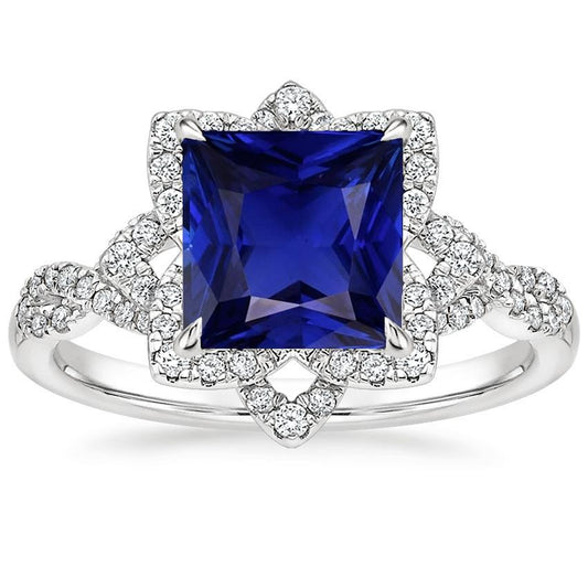 Diamant Halo Ring Star Style Princess Blue Saphir 6,50 Karat Gold - harrychadent.ch