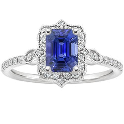 Diamant Halo Ring Vintage-Stil Smaragdblauer Saphir 4 Karat