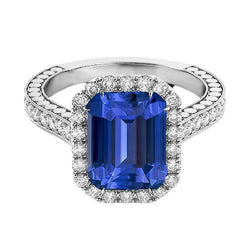 Diamant Halo Smaragdblauer Saphirring 4 Karat Krappenset Milgrain