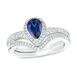 Diamant Halo Verlobungsring Set Birnenschliff Blauer Saphir Neu 4 Karat