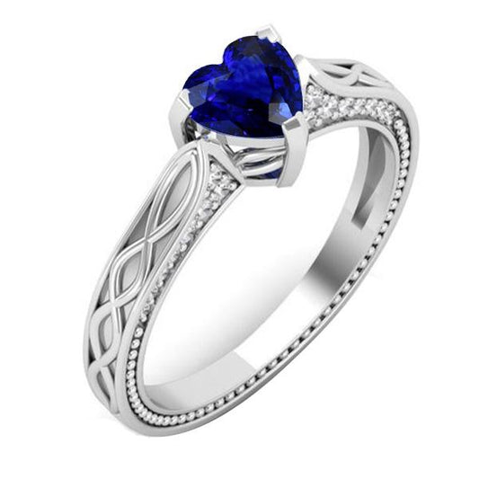 Diamant Herz Blauer Saphir Ring Milgrain & Filigraner Schaft 1,25 Karat - harrychadent.ch