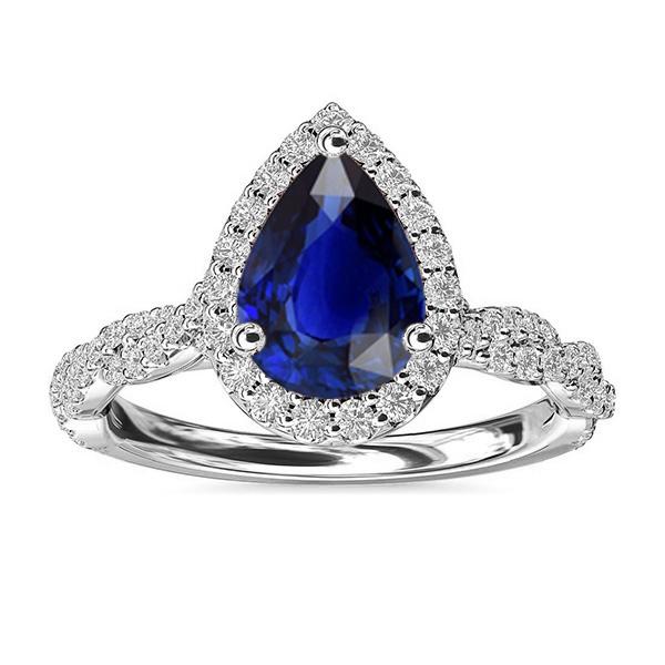 Diamant-Hochzeitshalo-Ring Birnenförmiger srilankischer Saphir 4 Karat - harrychadent.ch