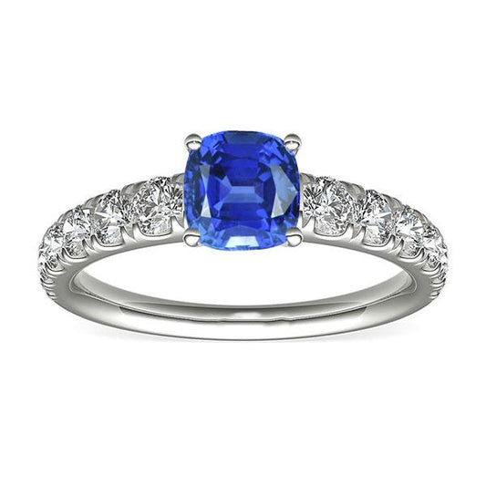 Diamant Kissen Blauer Saphir Ring 3 Karat Weißgold 14K Schmuck - harrychadent.ch
