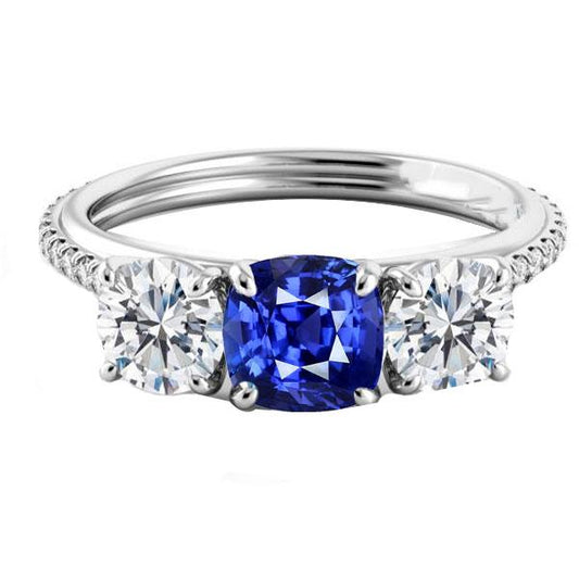 Diamant Kissen Blauer Saphir Ring 3 Steine Stil & Akzente 3,50 Karat - harrychadent.ch