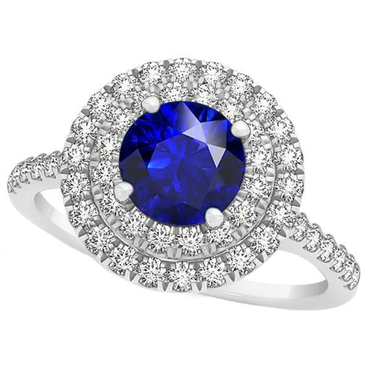 Diamant Runder Blauer Saphir Ring Doppel Halo 4 Karat Damengold 14K - harrychadent.ch